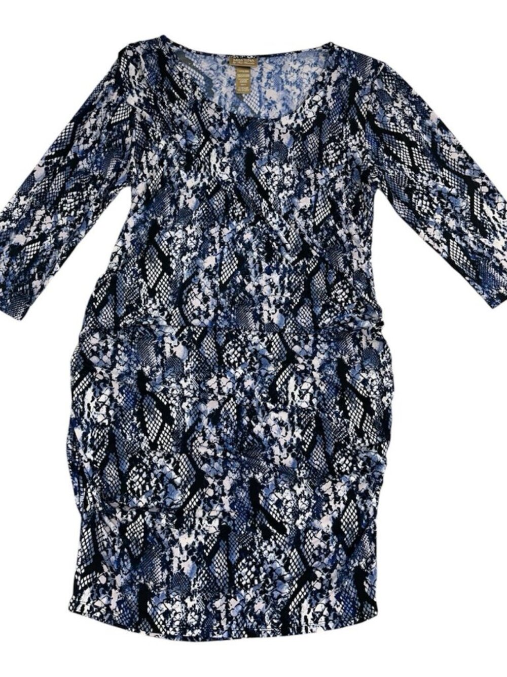 Miss Tina Knowles Snakeskin Print Faux Wrap Dress Ruched Blue Size 1X/16W